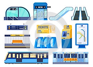 Subway element infographic set vector flat illustration. Modern public transportation