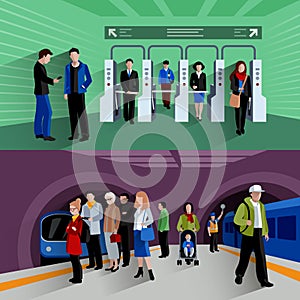Subway passengers 2 flat banners composition