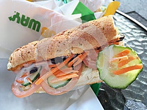 SUBWAY sandwich on a table