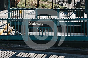 Subway sign at the station entrance in New York, USA.