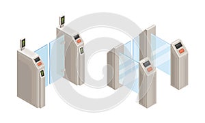 Subway station elements set. Entrance gates. Modern railway transport concept isometric vector illustration