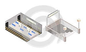 Subway station elements set. Subway platform and entrance. Modern railway transport concept isometric vector