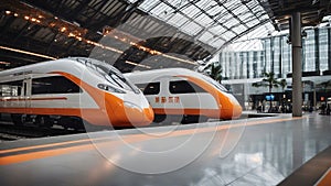 subway station A high-speed train from China that arrives at a modern railway station. The train is white and orange