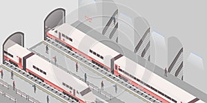 Metro station isometric vector illustration. Underground railroad, express city travel service, passenger conveyance photo