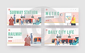 Subway Station Landing Page Template Set. People on Platform with Train, Escalator, Map, Clock, Digital Display, Metro