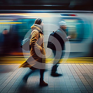 Subway station, speeding fast train, people rushing to the electric train, blurred background - AI generated image