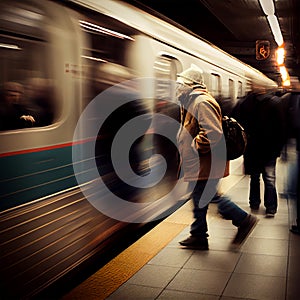 Subway station, speeding fast train, people rushing to the electric train, blurred background - AI generated image