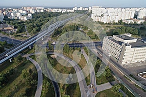 Subway station Ulitsa Gorchakova and Butovo park from the birds sight, Moscow, Russia