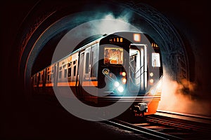 subway train, with its lights and windows flashing, barreling through the tunnel