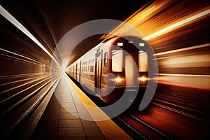 subway train, with its lights and windows flashing, barreling through the tunnel