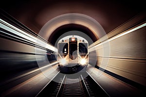 subway train, with its lights and windows flashing, barreling through the tunnel