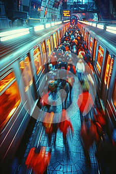 A subway train with many people on it and a blurry picture, AI