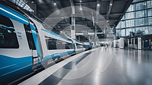 subway train in motion blur _A speedy train from China that stops at a futuristic railway station. The train is white and blue,