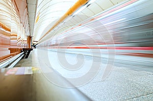 Subway train in motion blur. Underground in Prague