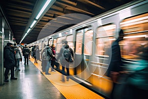 subway train in motion with crowd of people on platform, encapsulating urban rush hour dynamics