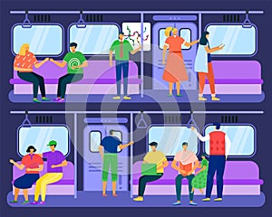 Subway train with passengers concept, vector illustration. Travel by city metro transport, people use underground