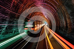 subway train speeding through dark tunnel