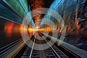 subway train speeding through dark tunnel