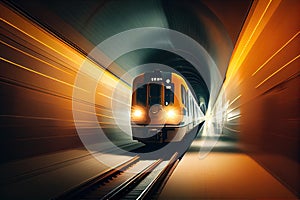 subway train, speeding through tunnel, with blurred lights and sounds