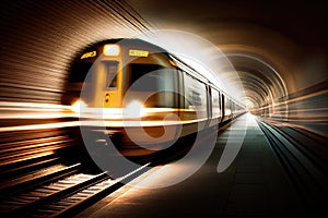 subway train, speeding through tunnel, with blurred lights and sounds