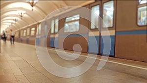 Subway train speeding up underground metro concept train movement. Underground Tube station platform. interior the