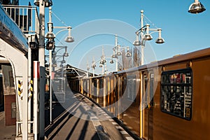 Subway train U-Bahn at train station Warschauer strasse  in Berlin