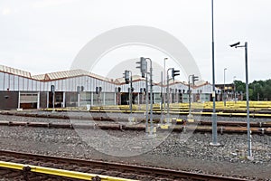 Subway trains depot , joint , sleepers and rails, metro railcar, railroad transportation industry