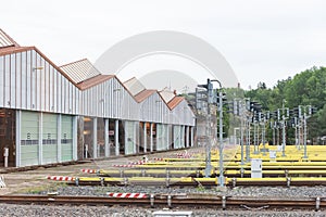 Subway trains depot, joint, sleepers and rails, metro railcars, railroad transportation industry