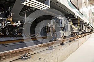 Subway trains in a depot wheels