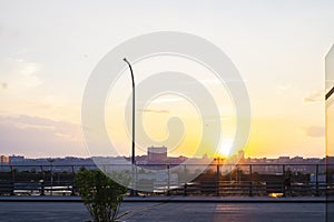 Subway trains outside in midtown Manhattan west side and view on New Jersey. Beautiful sunset