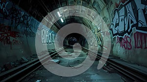 Subway Tunnel Adventure in Urban Ruins./n