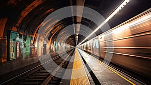 Subway tunnel with blurred light tracks with arriving train in the opposite direction. Generative AI