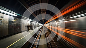 Subway tunnel with blurred light tracks with arriving train in the opposite direction. Generative AI