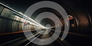 Subway tunnel with blurred light tracks with arriving train in the opposite direction, Generative AI