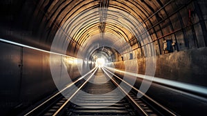 Subway tunnel with blurred light tracks with arriving train in the opposite direction. Generative AI