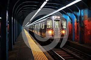 Subway tunnel illuminated by the lights of an approaching train. Generative AI