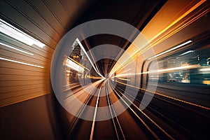 subway tunnel, with view of passing trains and blurred lights in the background