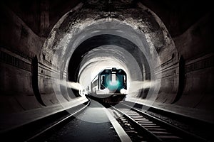 subway tunnel, with view of the train speeding through the dark tunnels