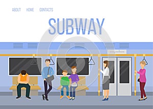 Subway underground train car interior with commuting passengers sitting standing vector illustration. Subway web