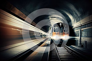 subway underground tunnel, with train speeding past, on its way to the next station