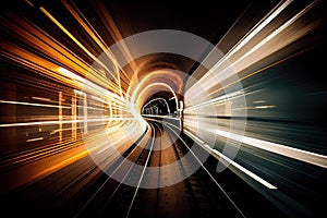 subways speeding through underground tunnel, with lights and reflections casting a hypnotic pattern on the walls