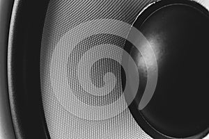 Subwoofer dynamic membrane or sound speaker, Hi-Fi loudspeaker close up photo