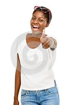 Succesful African American student holding thumbs up white background