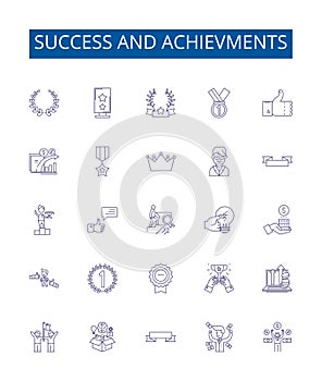 Success and achievments line icons signs set. Design collection of Achievement, Success, Accomplishment, Prize, Triumph