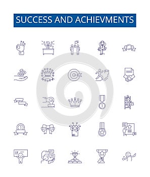 Success and achievments line icons signs set. Design collection of Achievement, Success, Accomplishment, Prize, Triumph