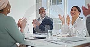 Success, black man or applause of business people in a meeting in celebration financial sales goals. Bonus, deal or