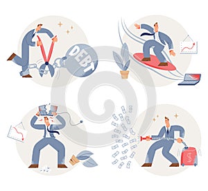 Success and business fail of businessman character set, man surfing, breaking computer