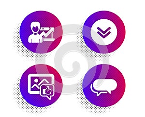 Success business, Like photo and Scroll down icons set. Messenger sign. Growth chart, Thumbs up, Swipe arrow. Vector