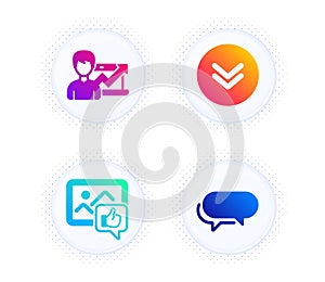 Success business, Like photo and Scroll down icons set. Messenger sign. Growth chart, Thumbs up, Swipe arrow. Vector