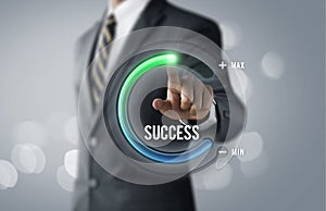 Success in business or personal success concept. Businessman is pulling up circle progress bar with the word SUCCESS on bright